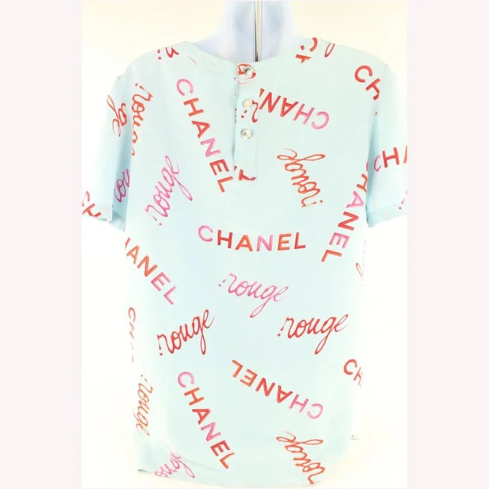 Chanel Size 38 96P Rouge Coco All Over Blue Silk Top Blouse Shirt 69cc614s